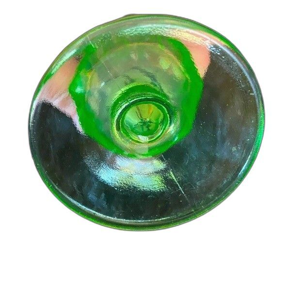 VTG 8” Green Footed Swung Glass Bud Vase Glows Vaseline Glass - Picture 6 of 6